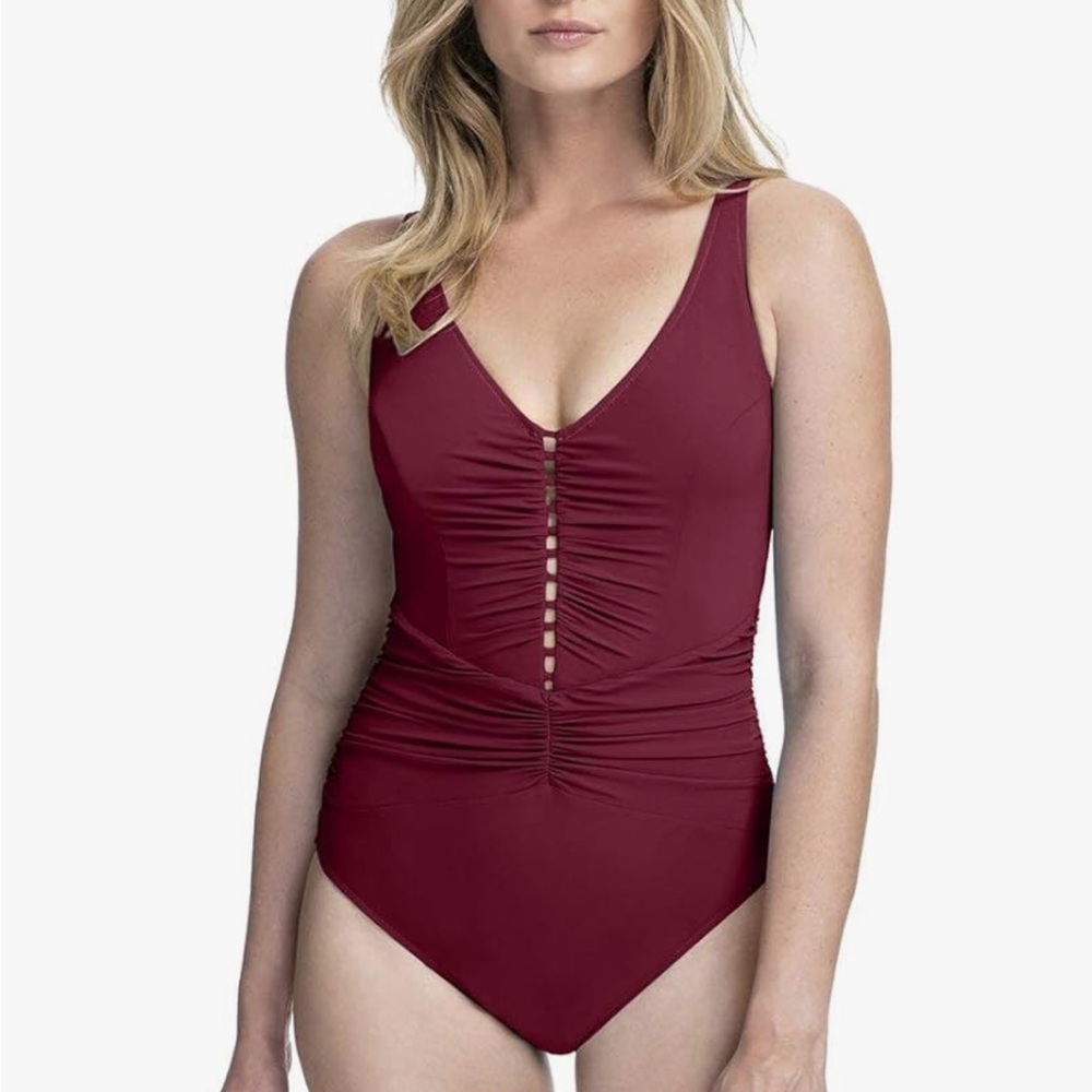 Profile By Gottex Burgundy One Piece Swimwear V-Neck